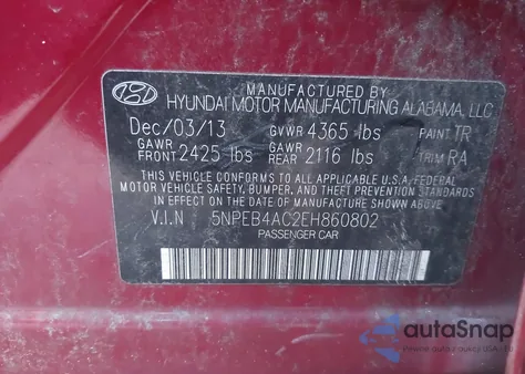 2014 Hyundai Sonata Gls z USA, uszkodzony, nr VIN 5NPEB4AC2EH860802